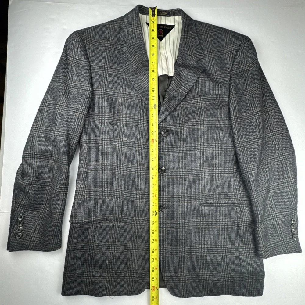 Vintage Tommy Hilfiger Mens Blazer 40R Grey Glen‎ Plaid 3 Button Made in USA